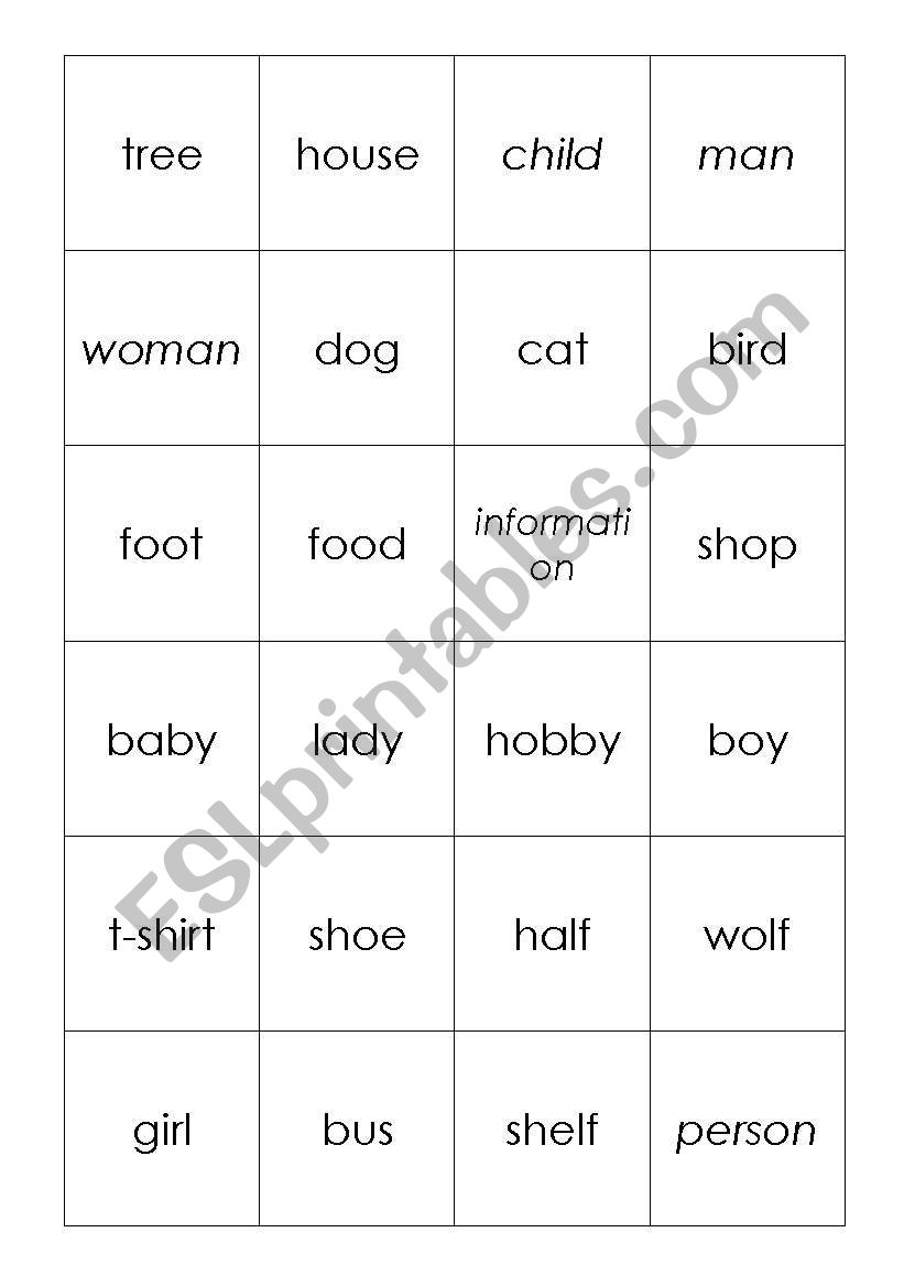 Plurals - game cards worksheet