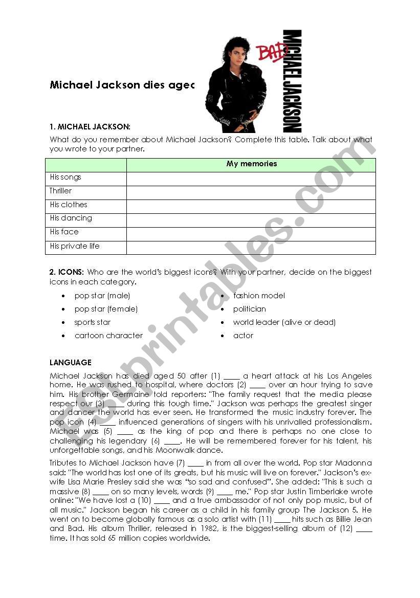 Michael Jackson ESL Worksheet By Yonofui84