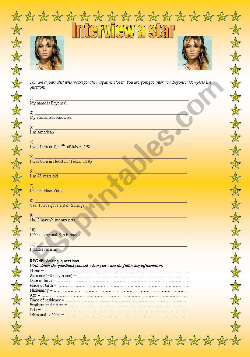 Interview Beyonc worksheet