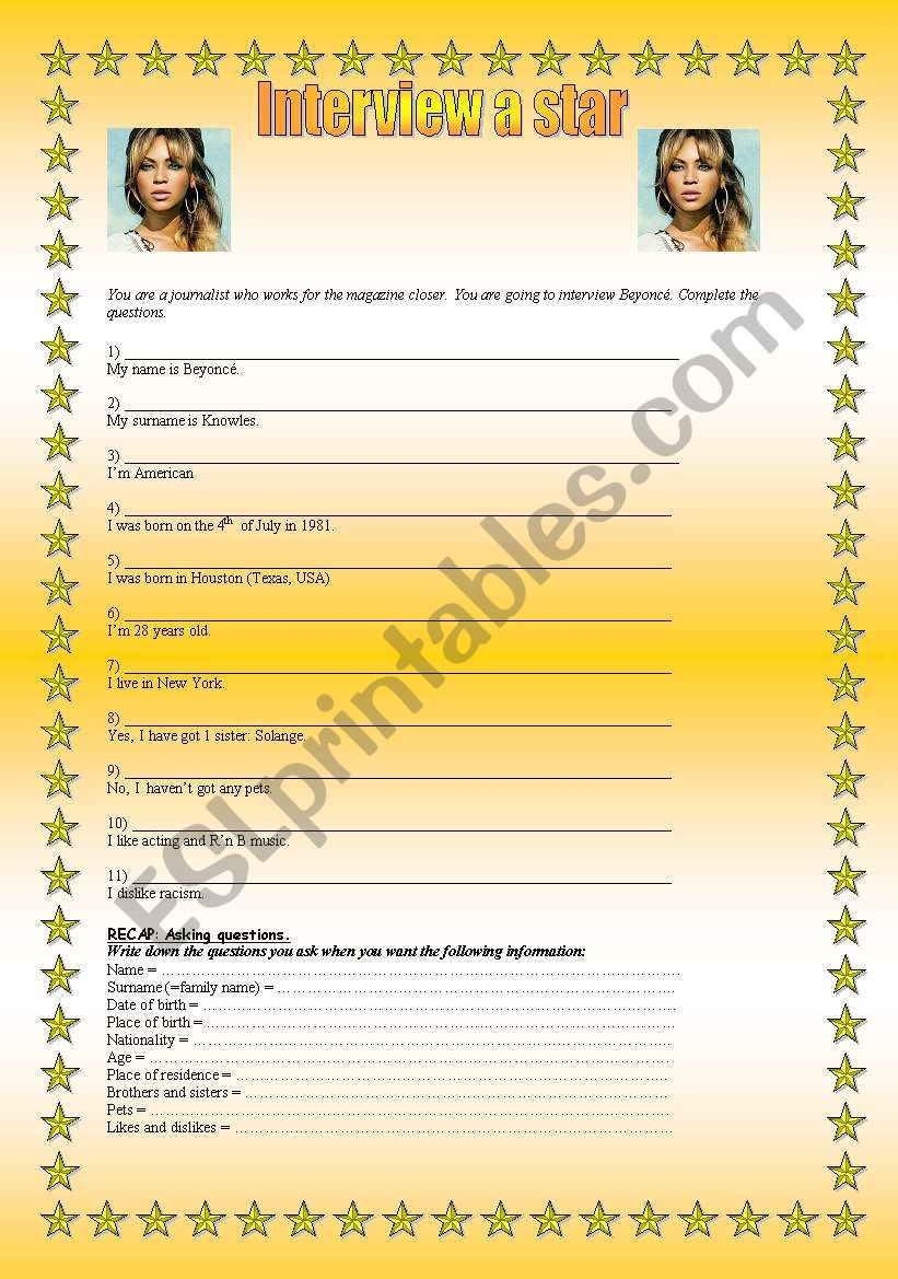Interview BeyoncÃ© worksheet