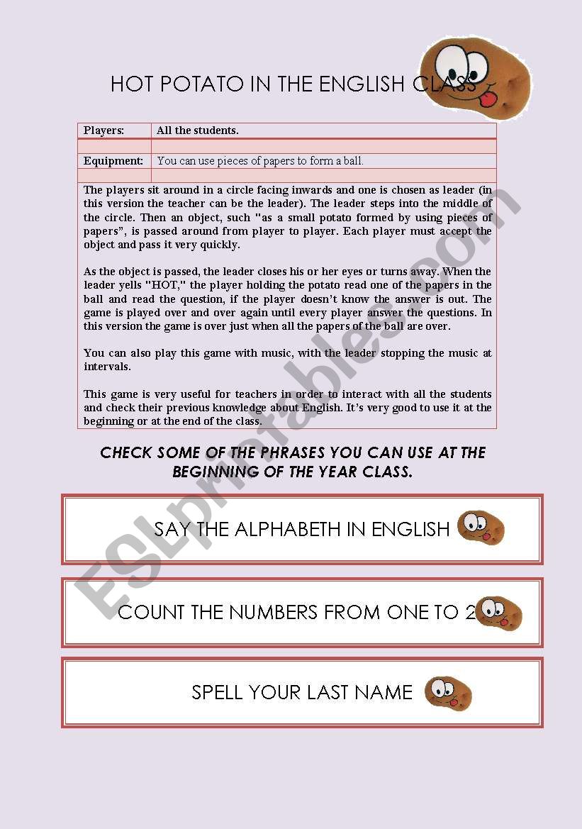 Hot potato game worksheet