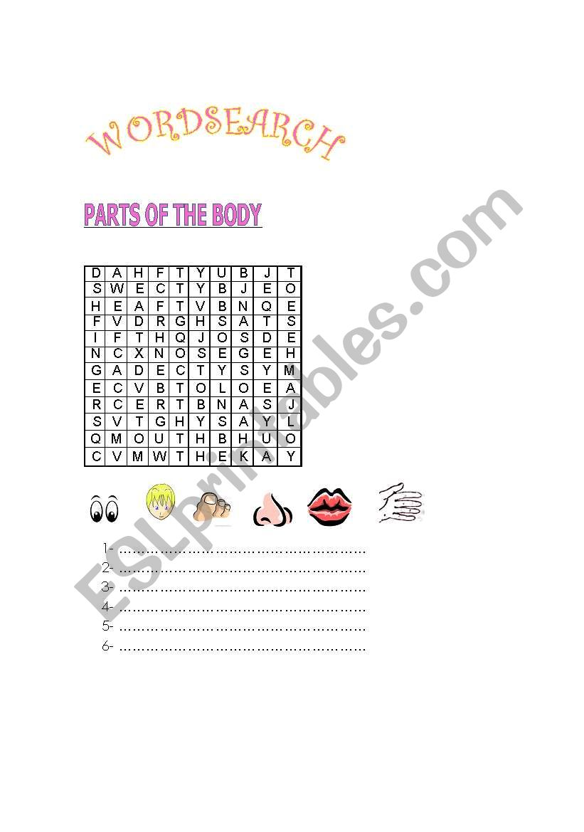 Parts of the body wordsearch worksheet