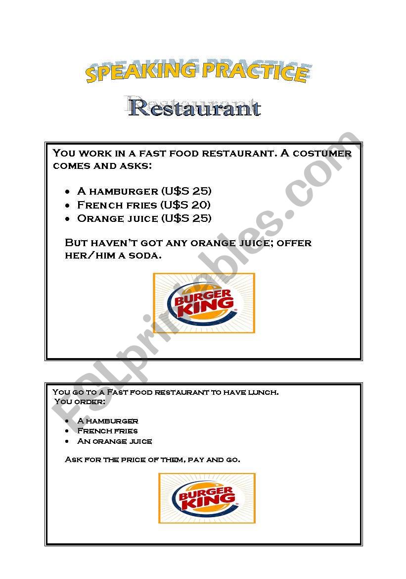 Restaurant speaking practice worksheet