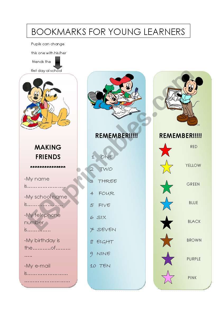 BOOKMARKS FOR YOUNG LEARNERS worksheet