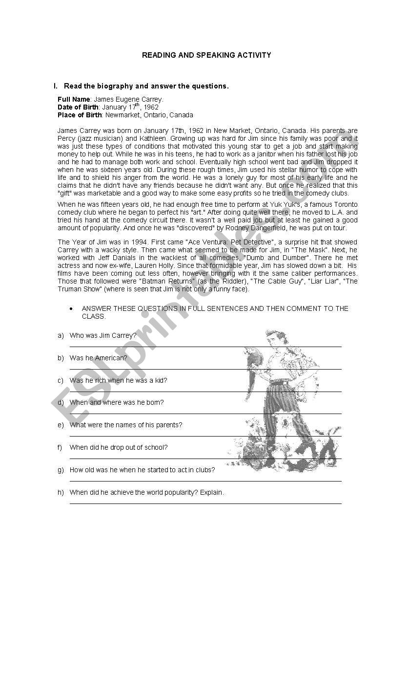  Jim Carreys short biography worksheet