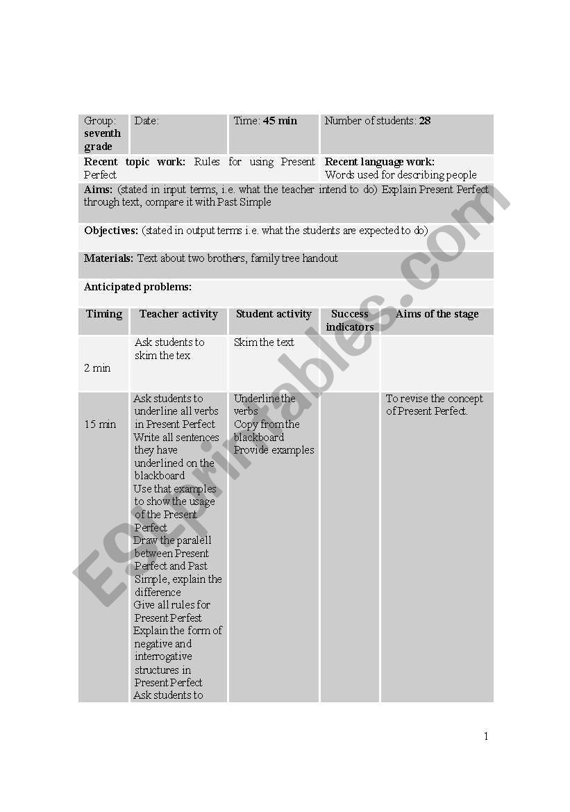 present perfect plan with material