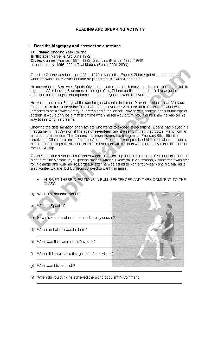 Zidanes biography worksheet