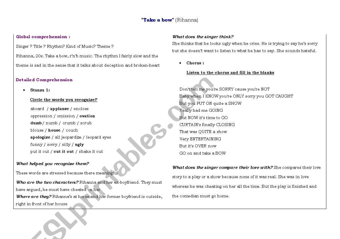 Rihanna take a bow worksheet worksheet