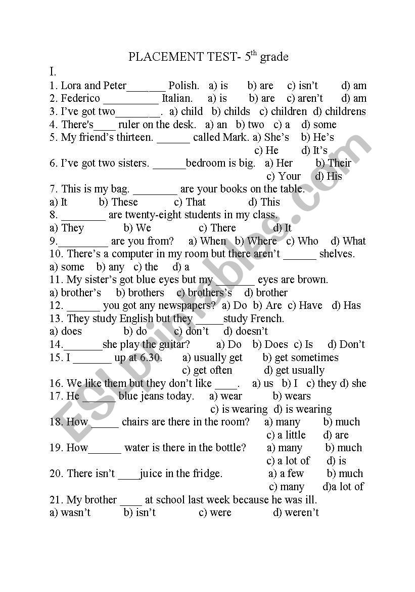 placement test worksheet