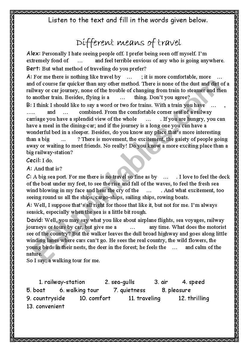 Different Means of Travel worksheet