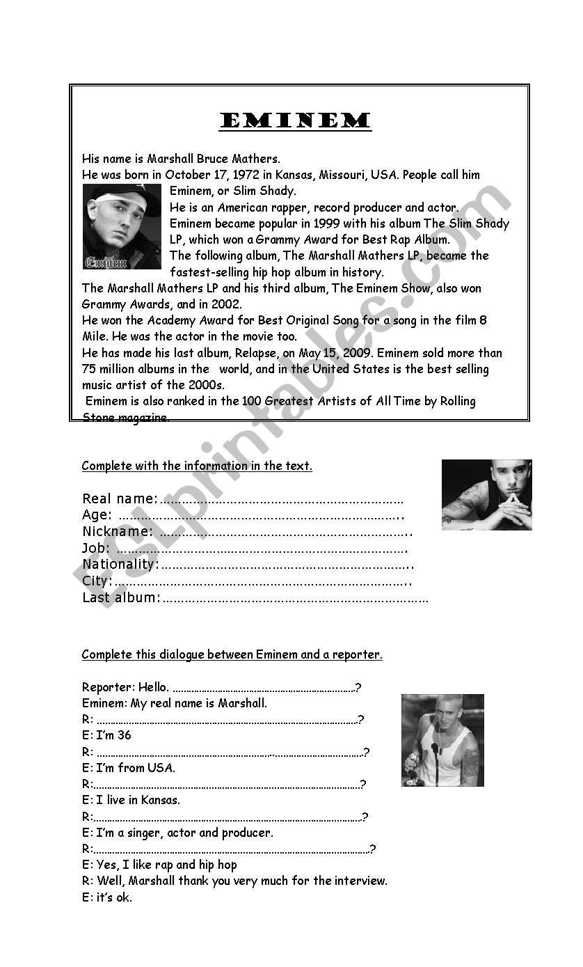 Eminem  worksheet