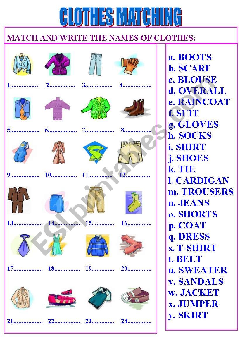 Clothes matching worksheet