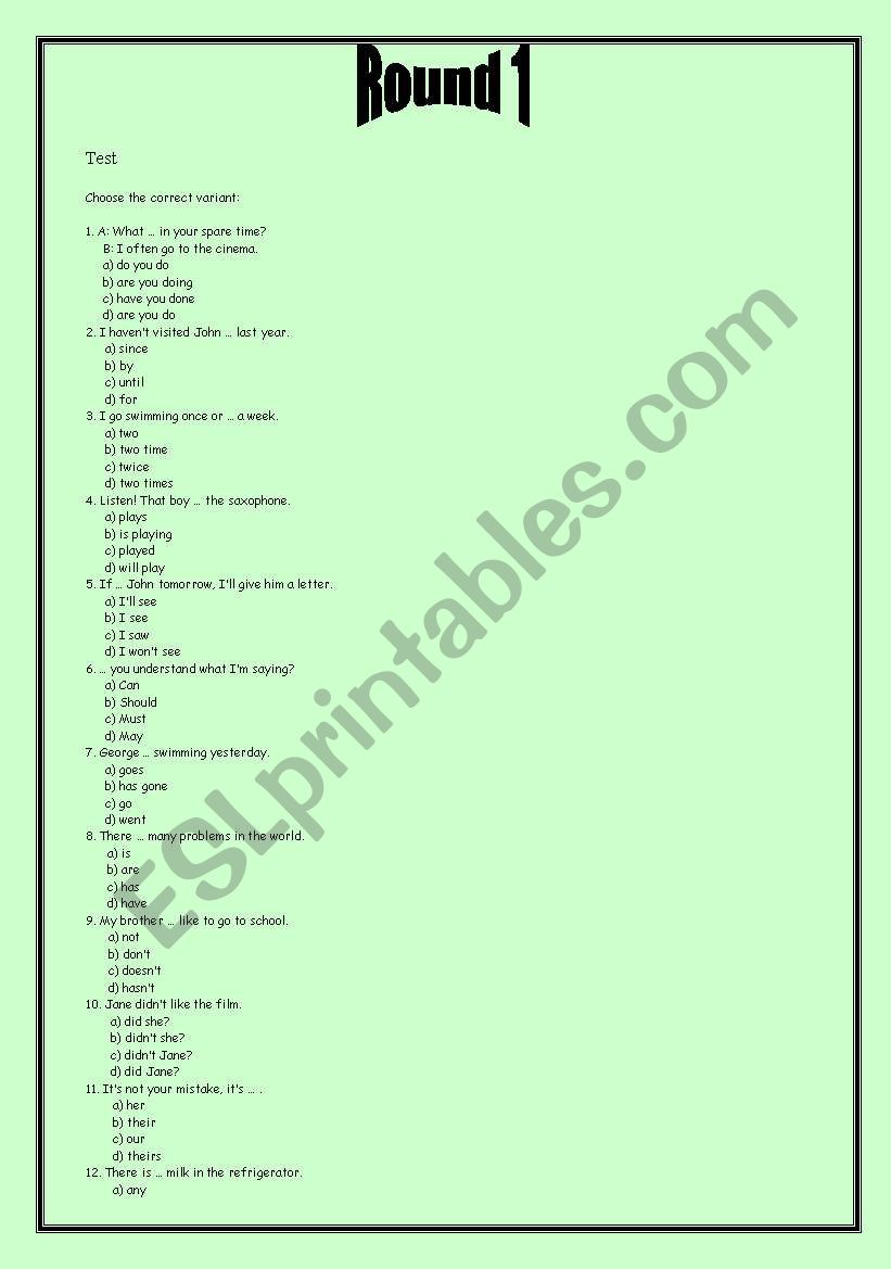 Materials for the game  worksheet