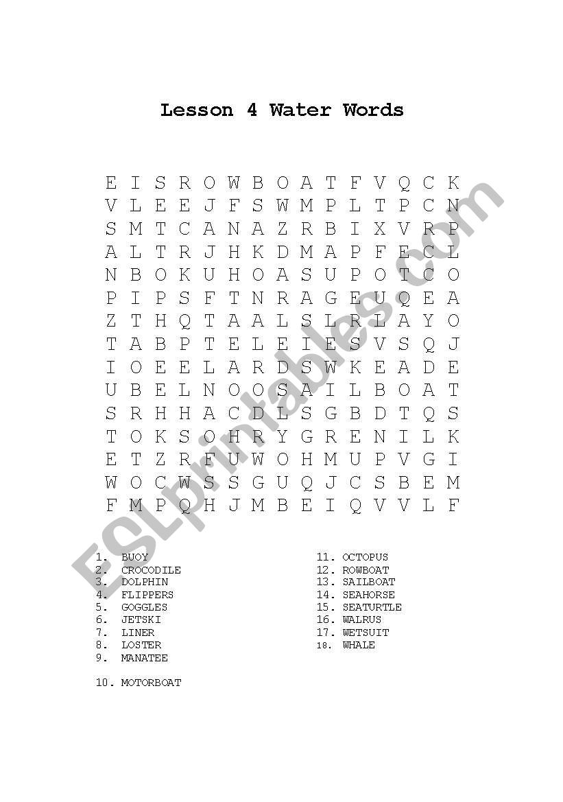 Word search: Water words worksheet