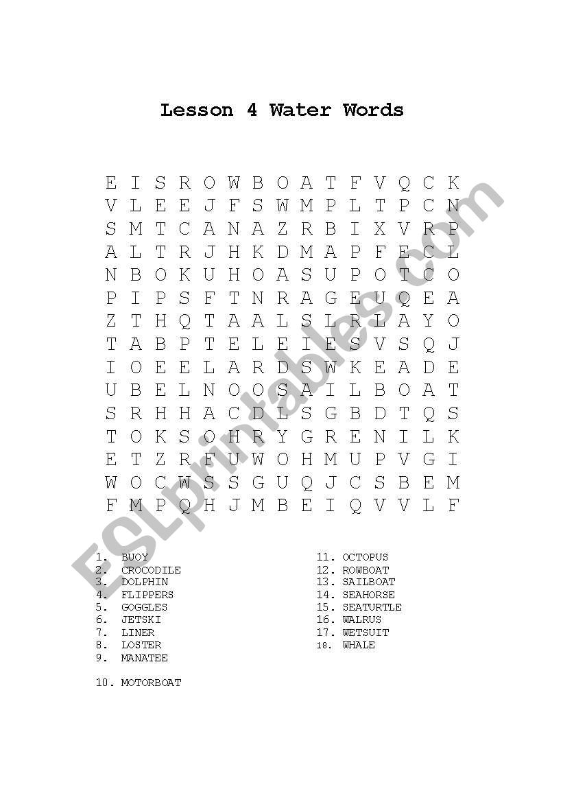 Word search: Water words worksheet