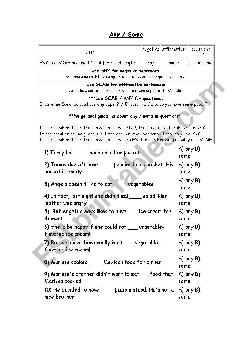 some and any  worksheet