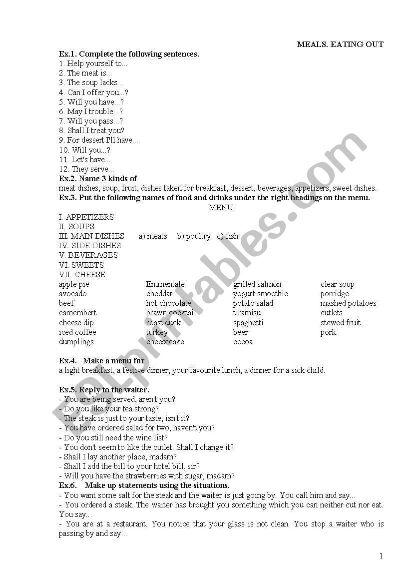 meals and eating out worksheet