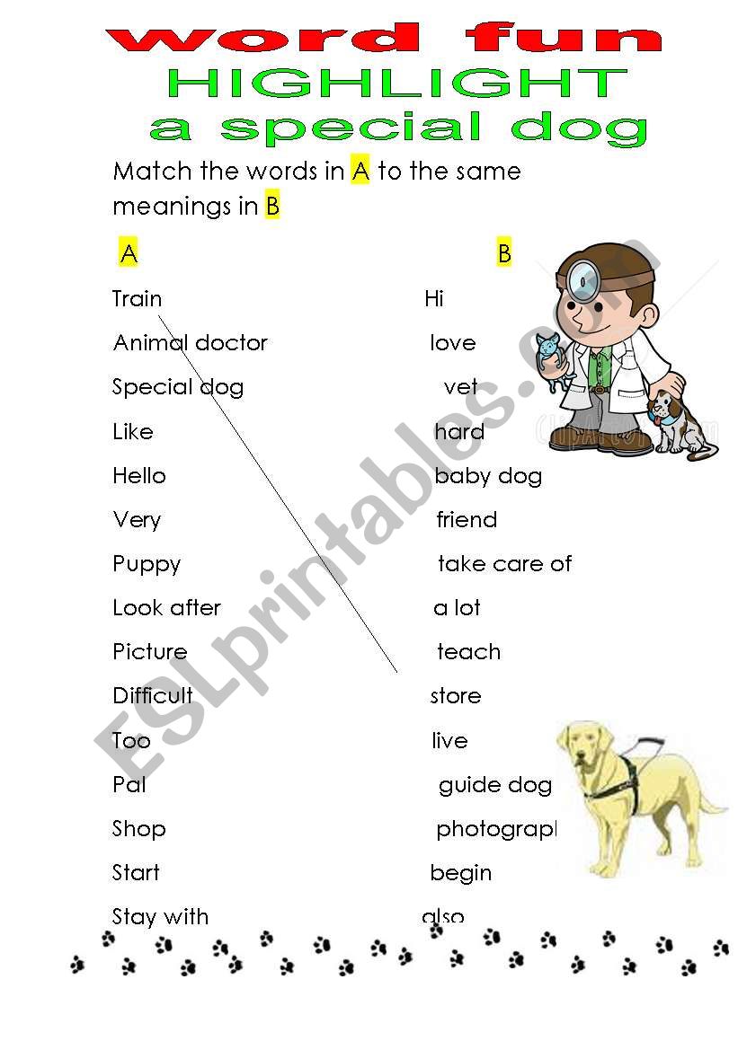 guide dog  word fun worksheet