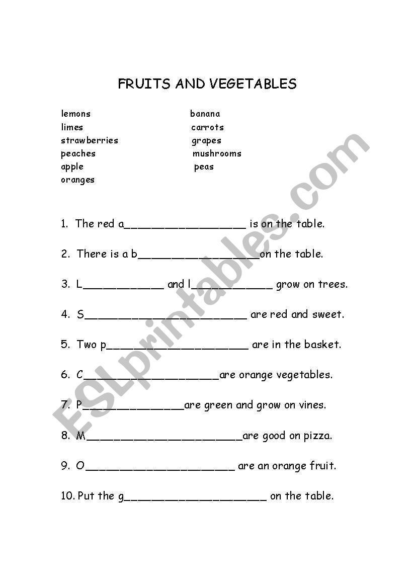 Fruits and Vegetables Worksheet