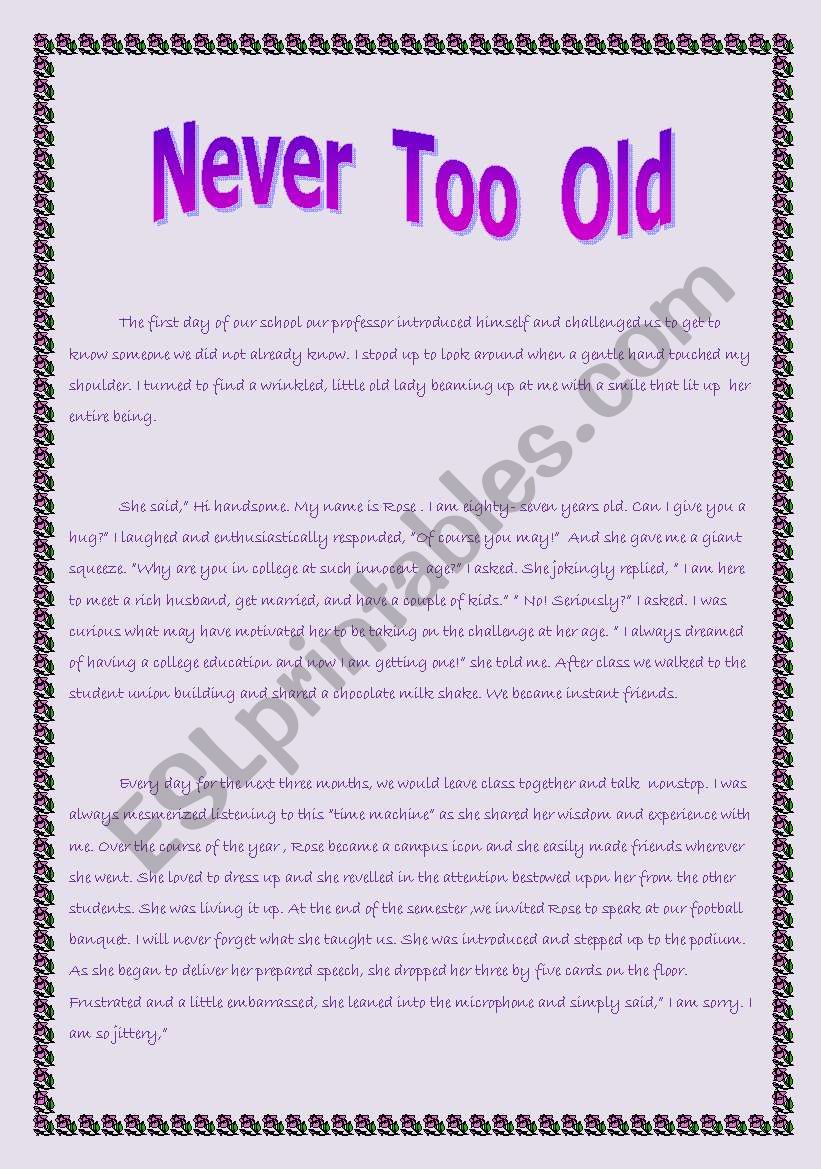 Never Too Old worksheet