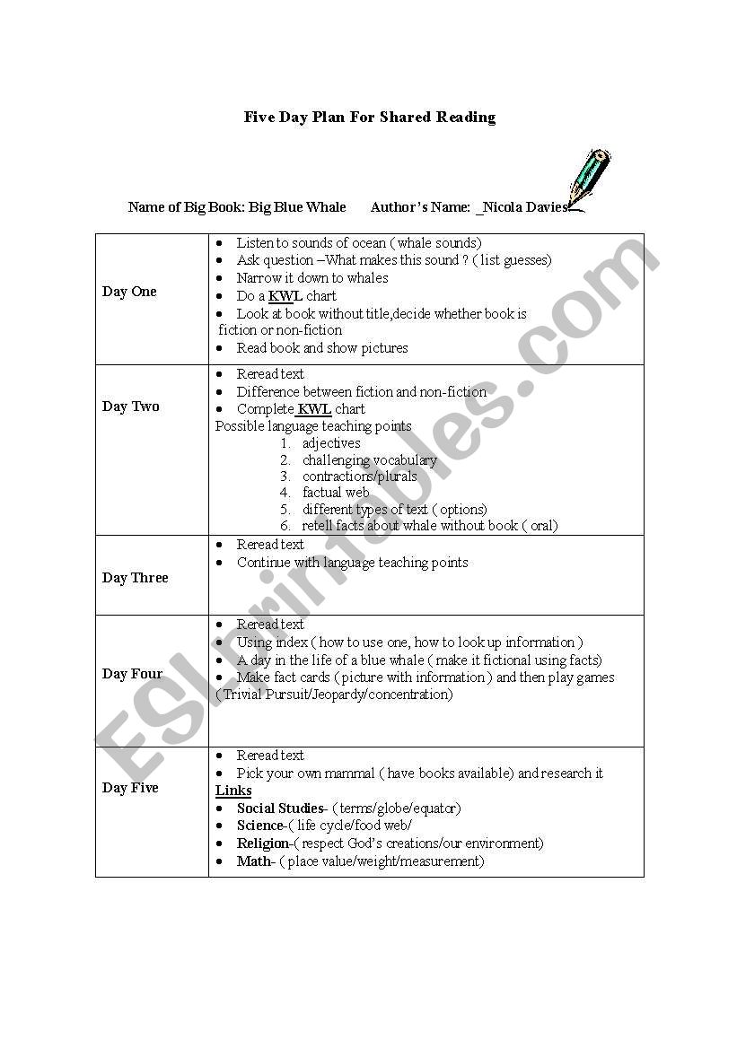 5 Day language plan worksheet