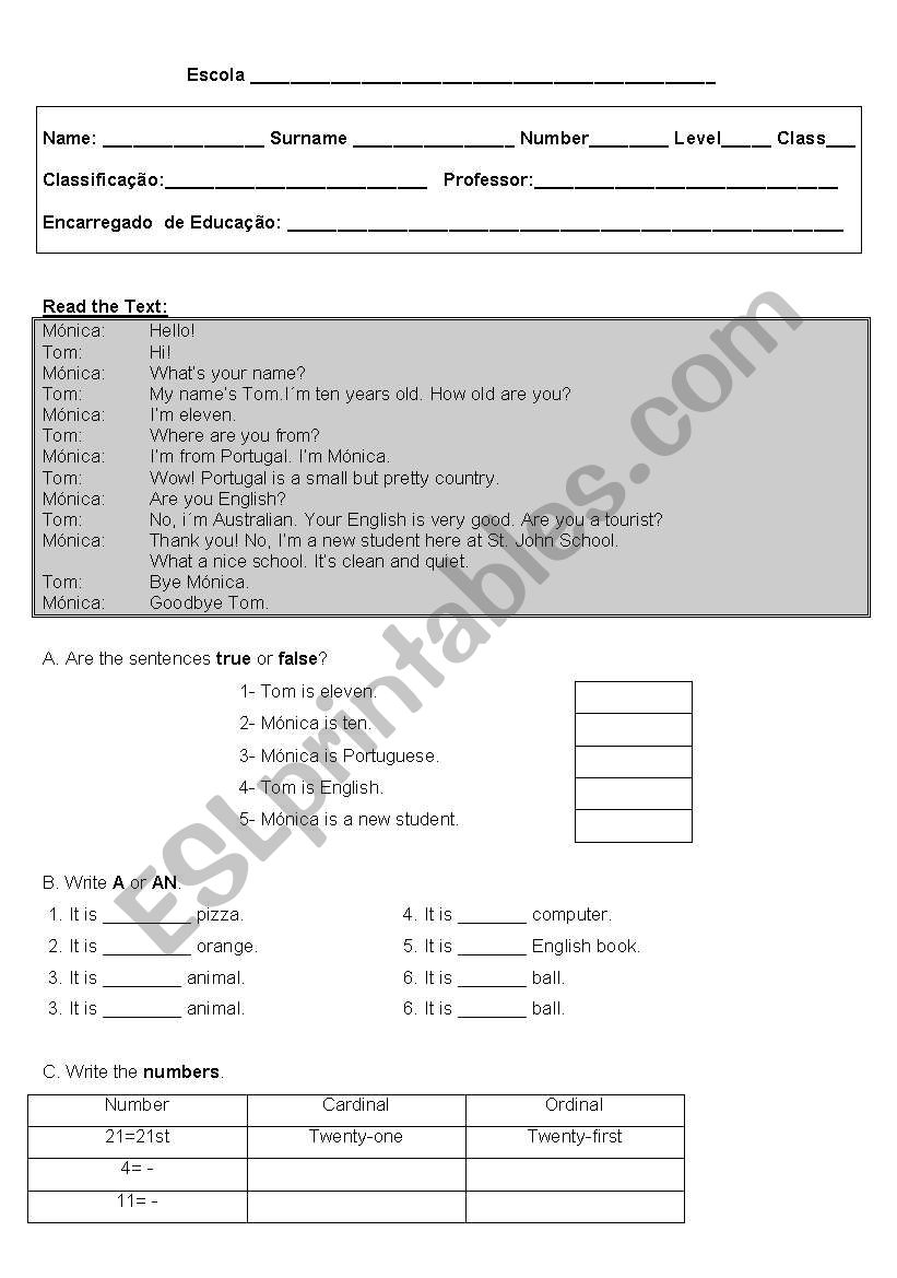 5th grade first test worksheet