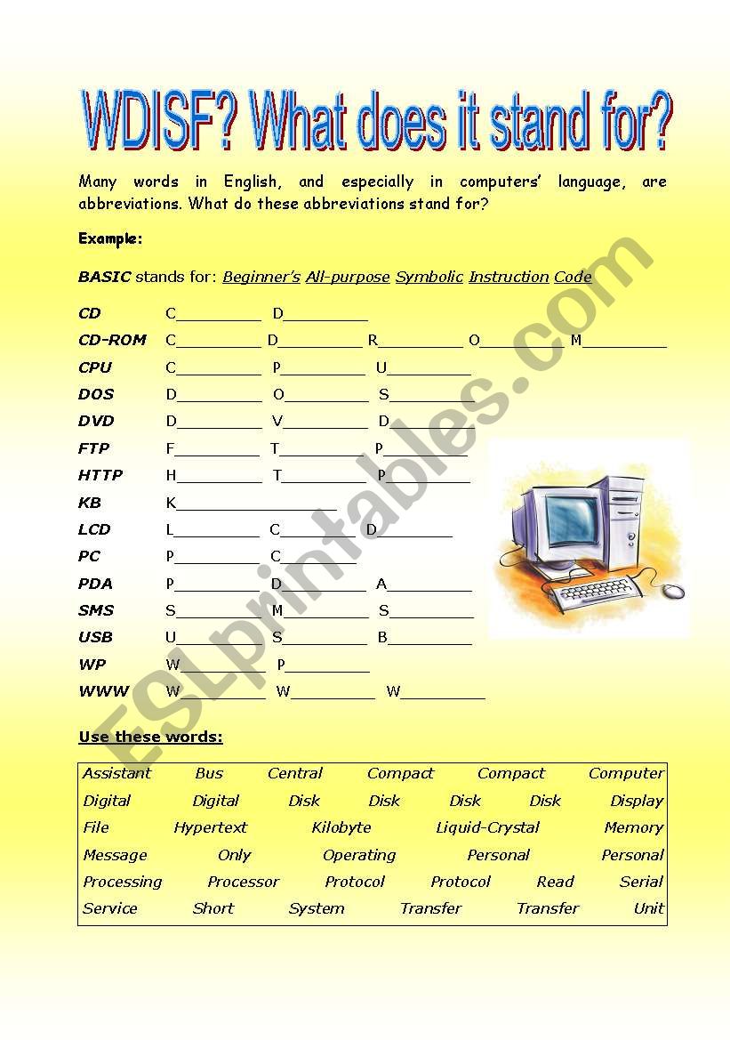 Computer language vocabulary worksheet