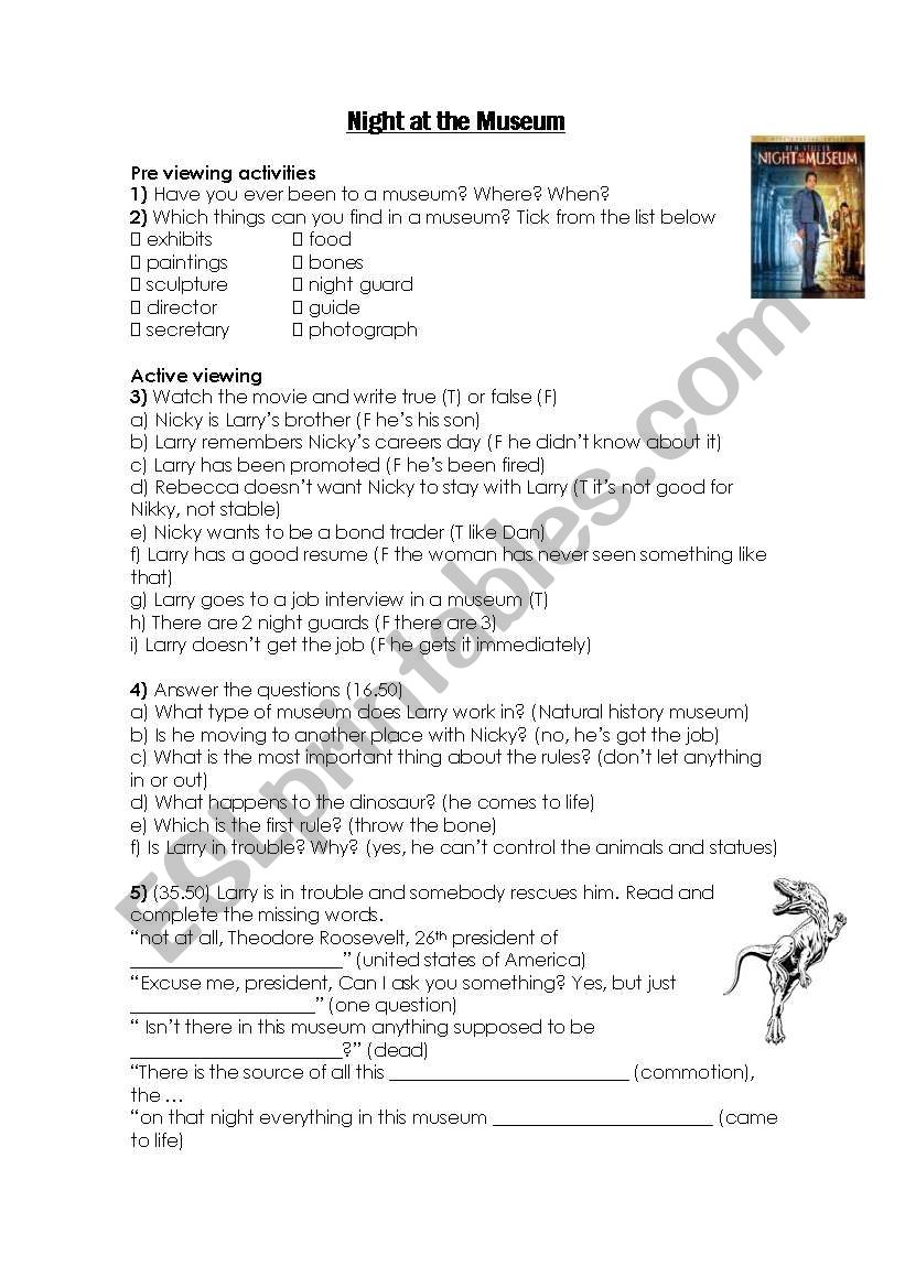 Night at the Museum worksheet