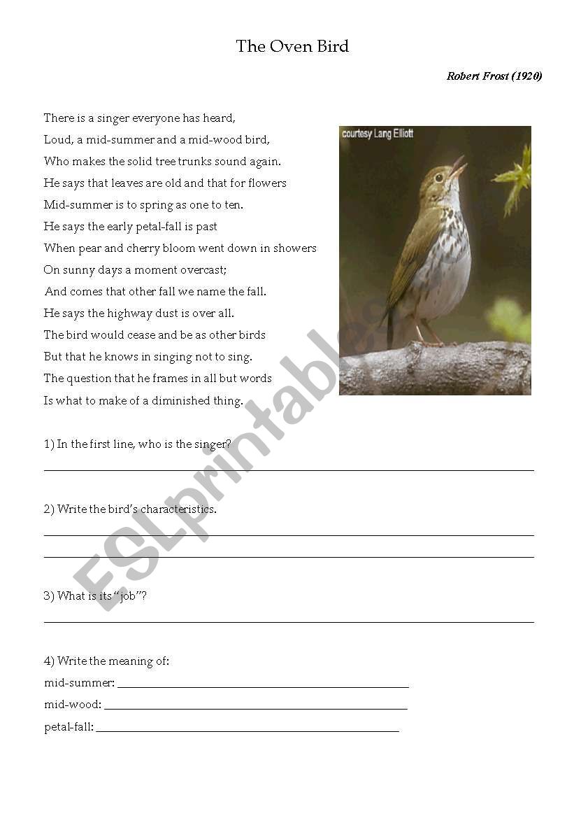The Oven Bird poem worksheet