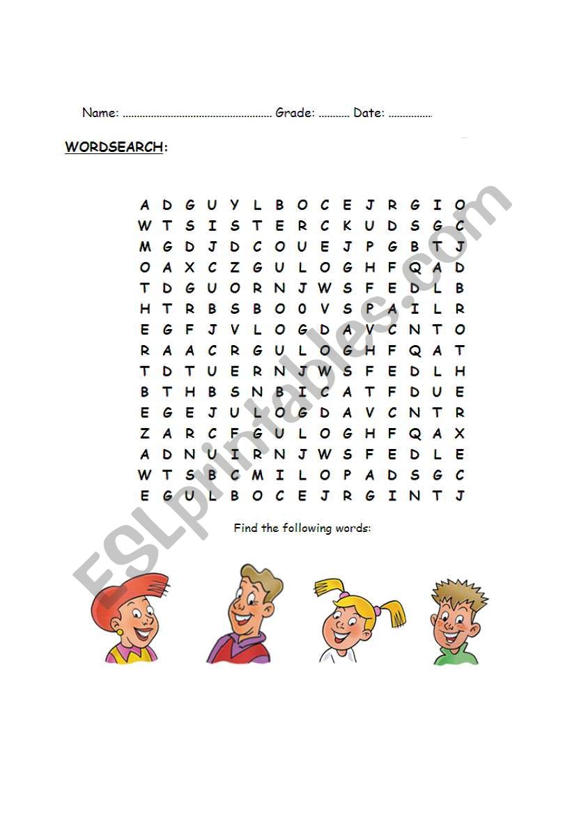 Sopa letras family worksheet