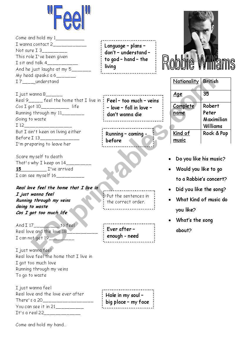 Feel song by Robbie Williams worksheet