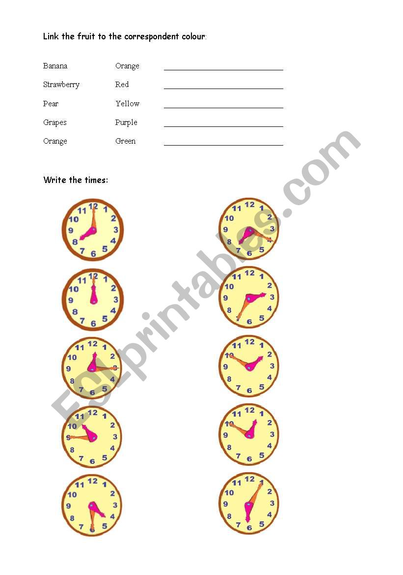 Fruit, colours and the time worksheet