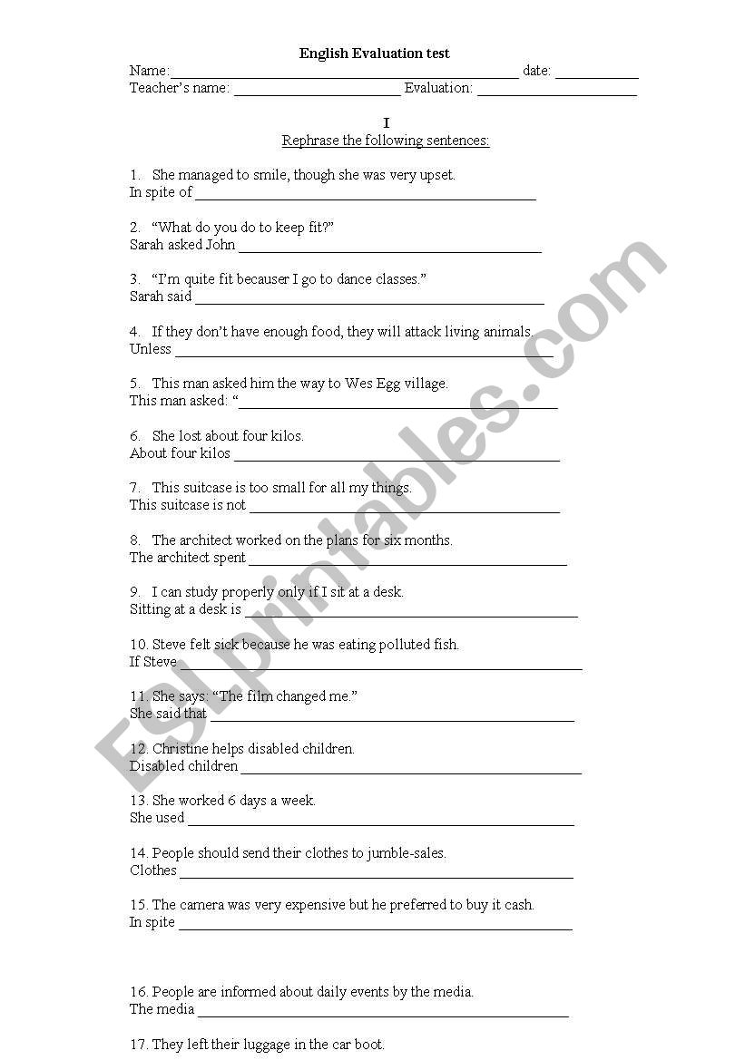 rephrasing worksheet worksheet
