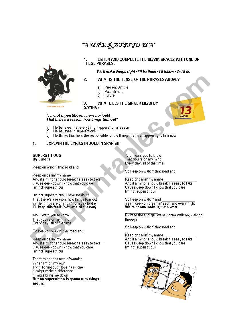 Superstitious by Europe worksheet
