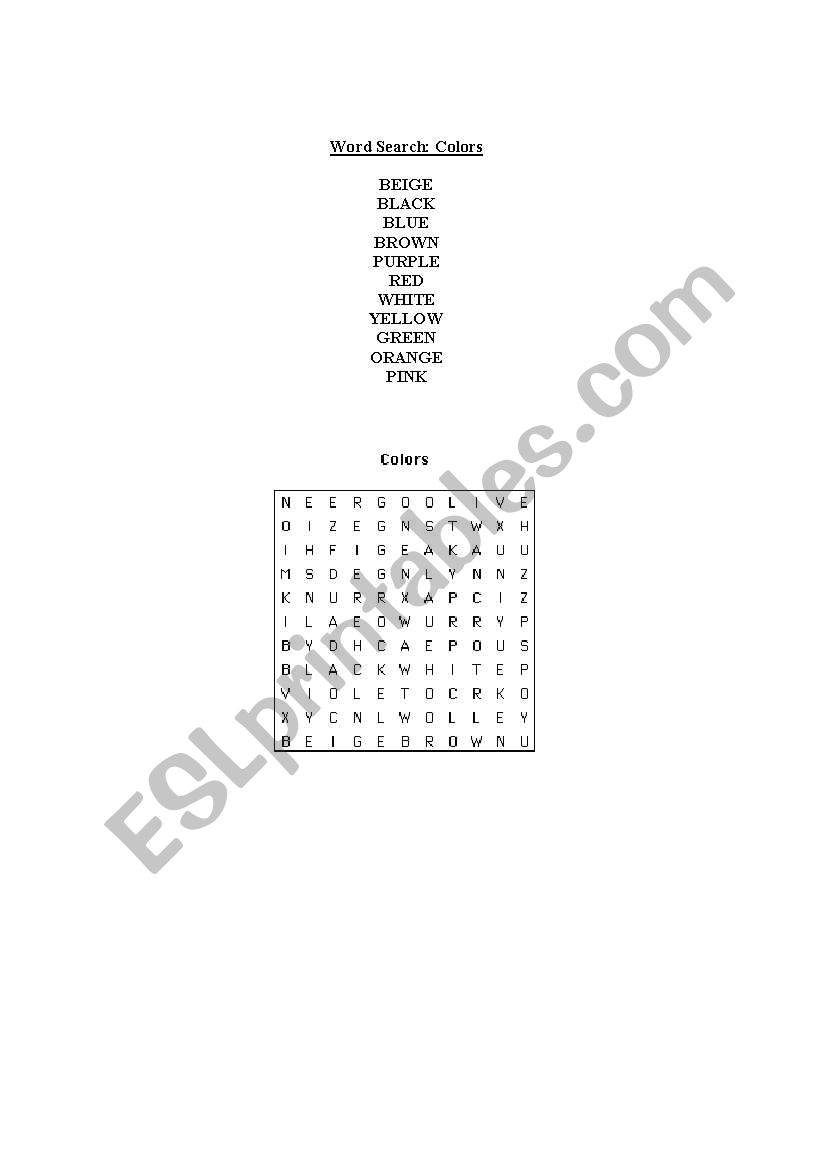 Word Search - Colors worksheet