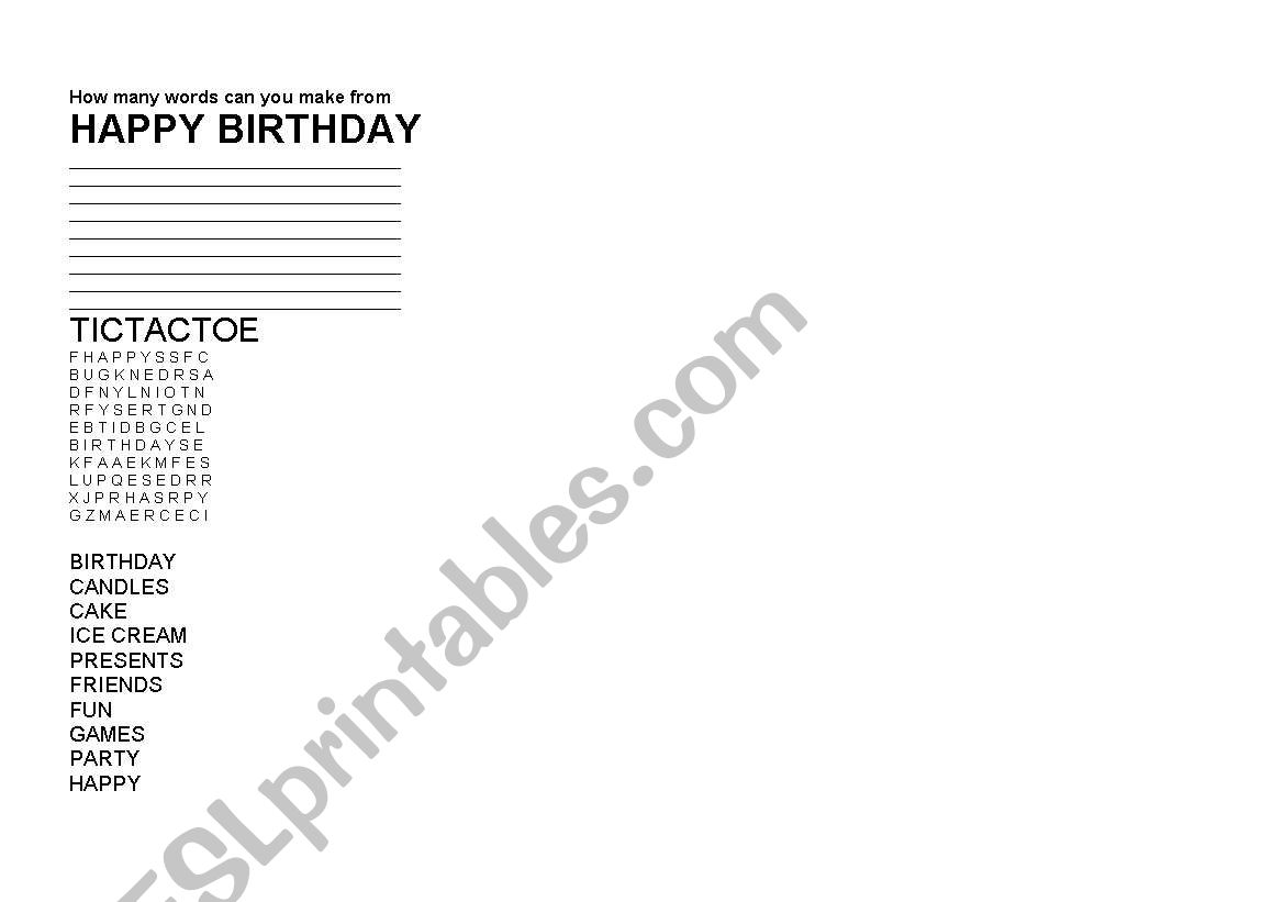 Birthday Party worksheet
