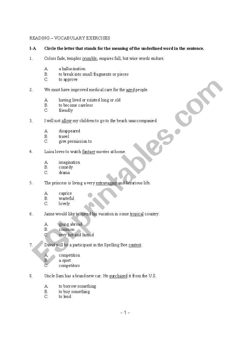 Reading - Vocabulary Exercises for Grade 3