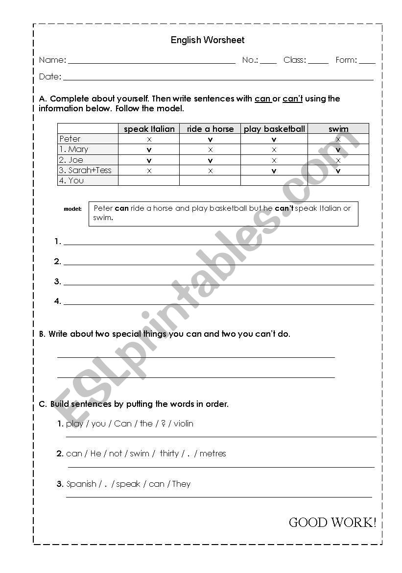 Can / Cant worksheet