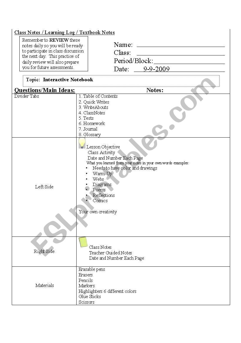 Cornell Notes Setting up an Interactive Notebook