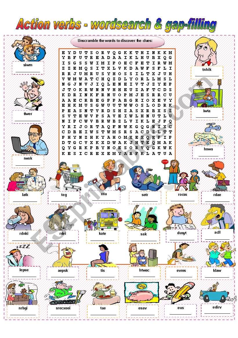 Action Verbs - wordsearch & gap-filling (fully editable / keys included)