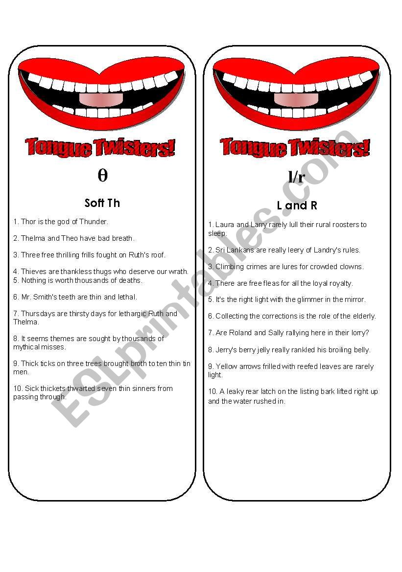 Tongue Twister Bookmarks or Cards (6 pages plus ideas for play) Use them with my mouth gameboard.