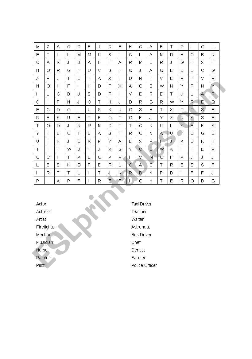 Occupation Word Find worksheet