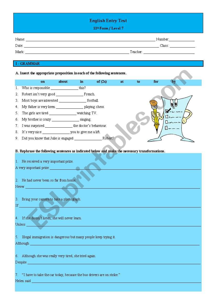 Entry test - 11th form worksheet