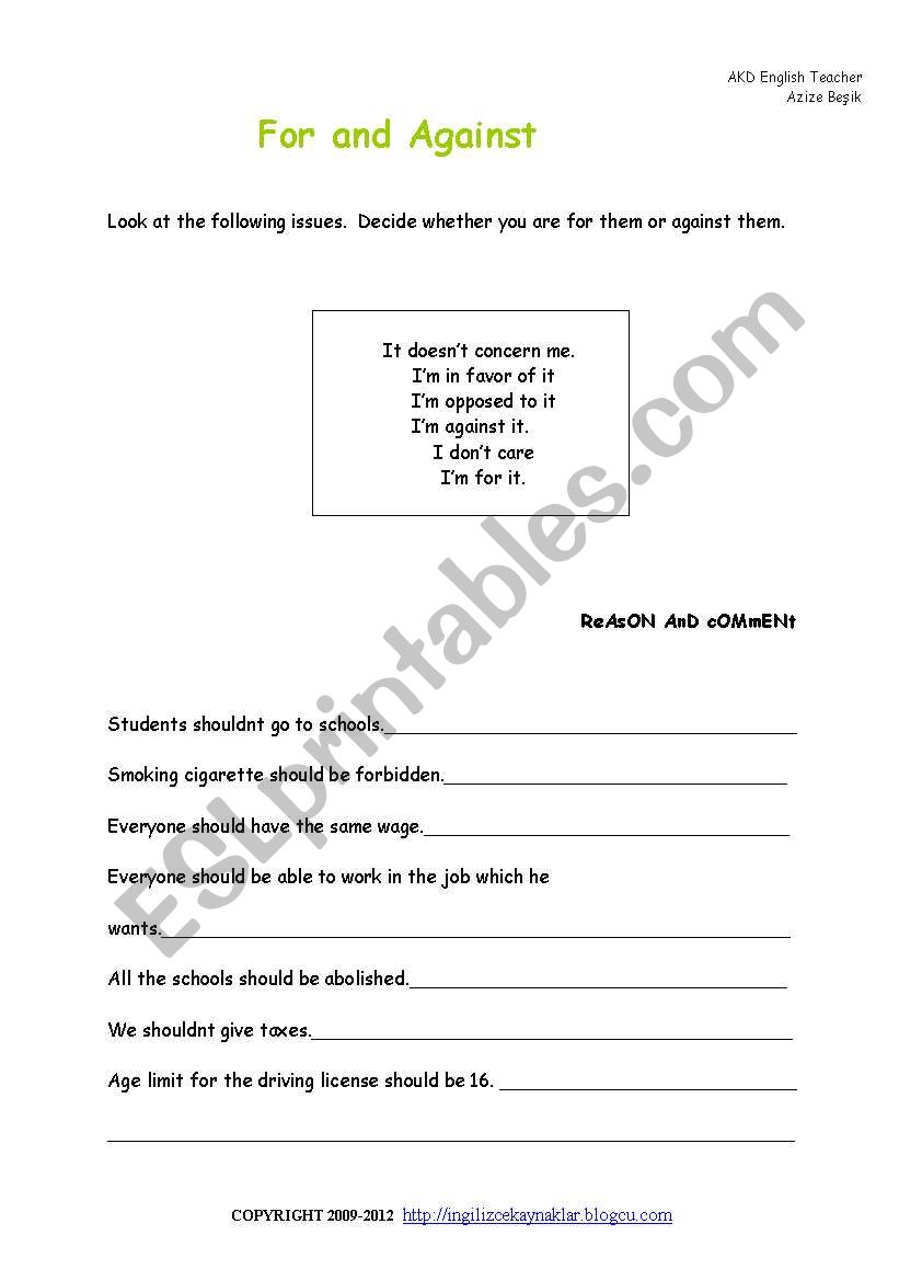 for and against worksheet