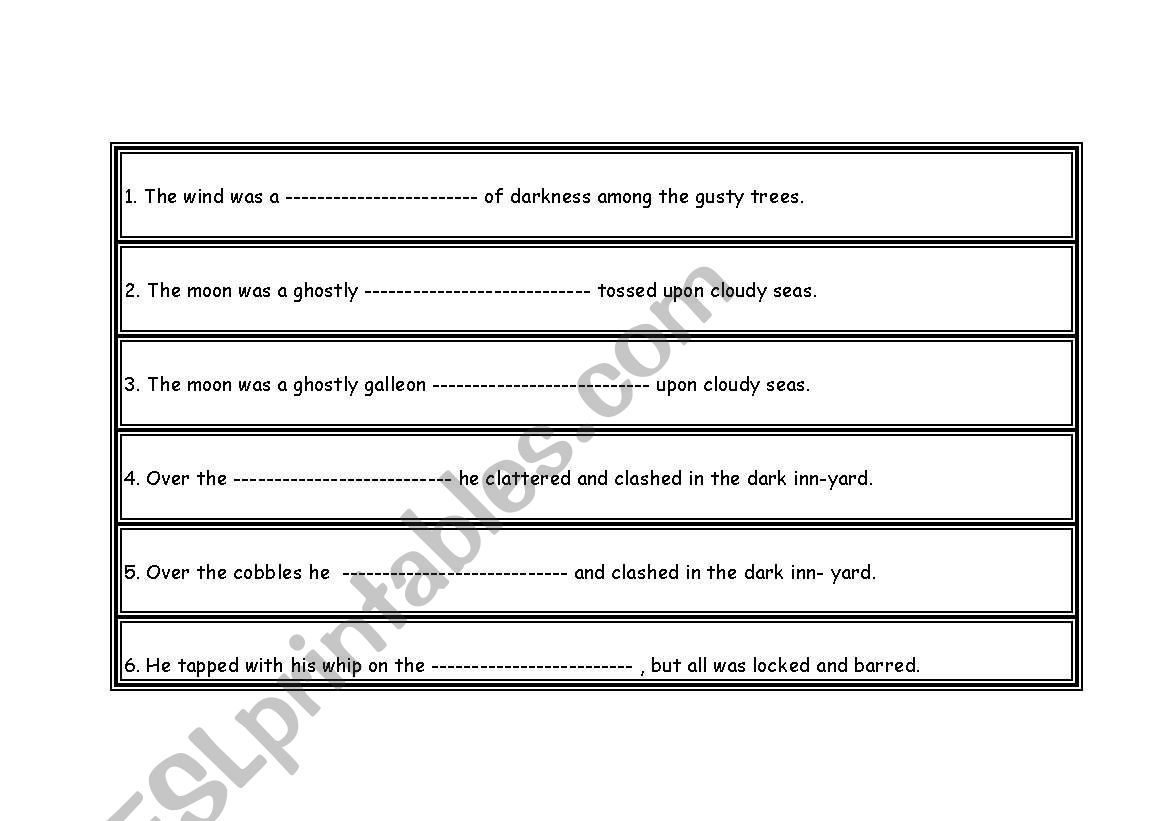 The Highwayman Vocabulary worksheet