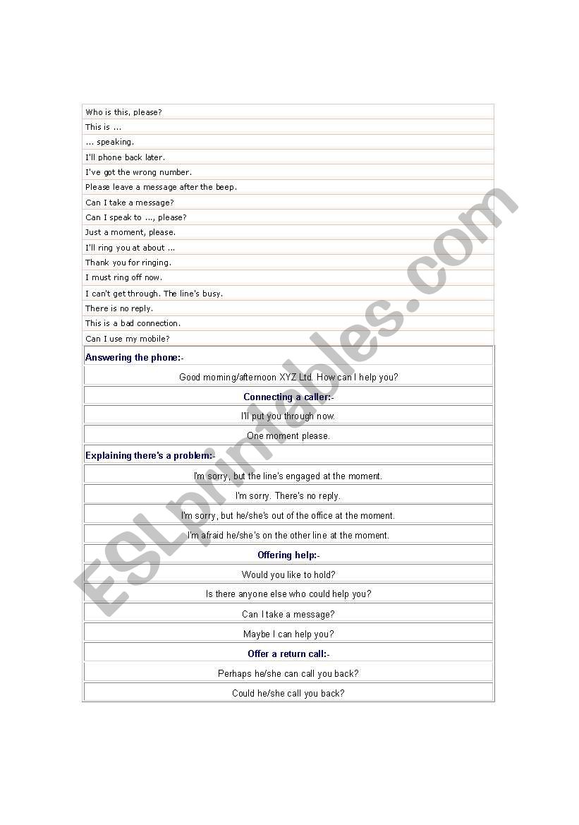 on the phone worksheet