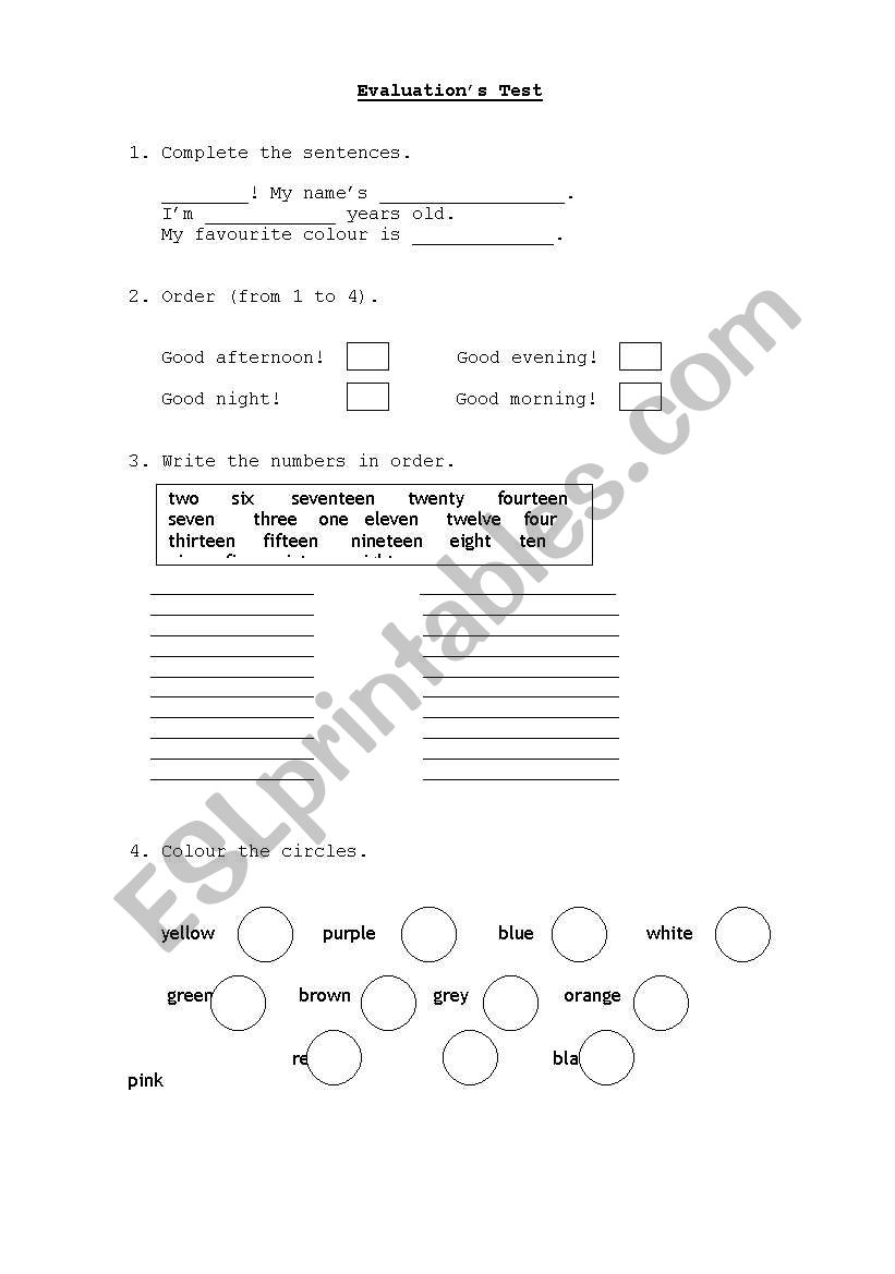 evaluations test worksheet