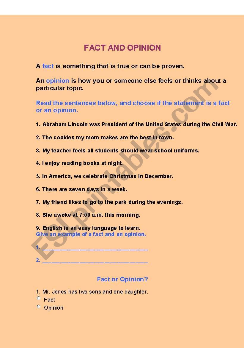 FACT OR OPINION worksheet