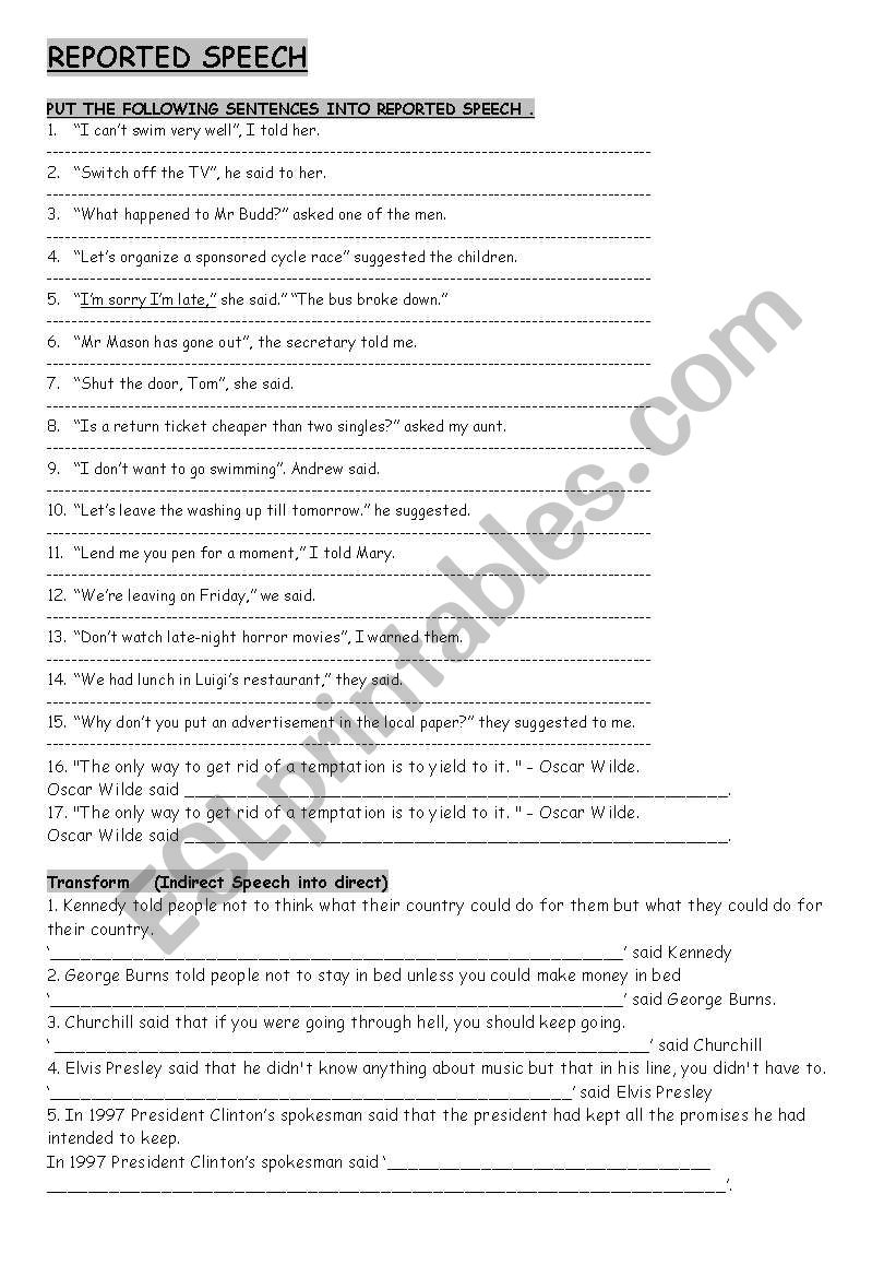 Reported speech worksheet