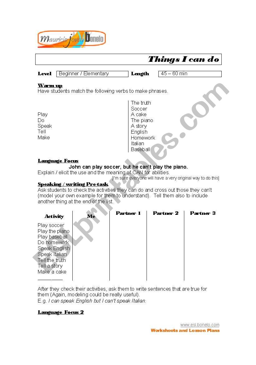 Things I can do Lesson Plan worksheet